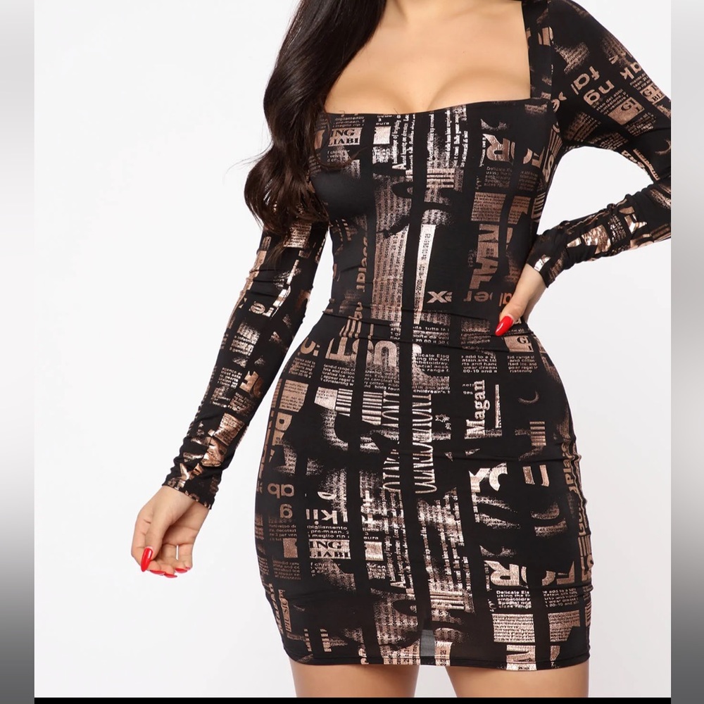 FASHION NOVA BLACK/GOLD MINI DRESS long sleeve